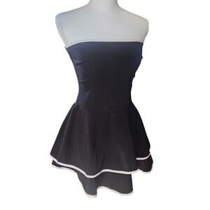 Preppy Luxe Black & White Strapless Contrast Trim Tiered Party Dress Coquette